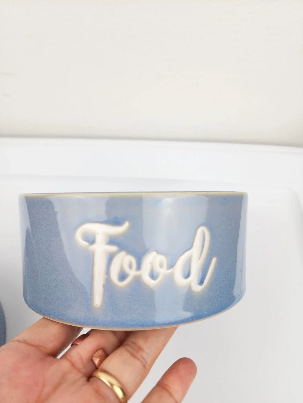 Wilfred & Lily Blue Ceramic Dog Food Bowl with 'Food' Embossed Script